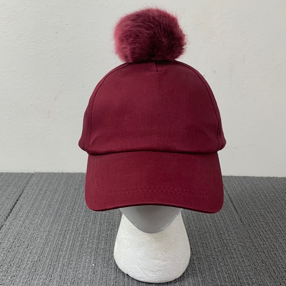 Forever 21 Pompom Baseball Hat Women's OS Burgundy Faux Fur Adjustable Strapback